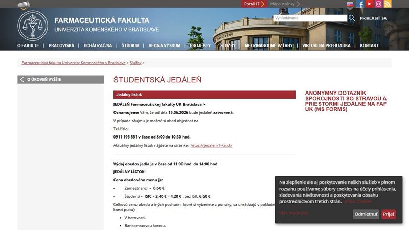 JEDÁLEŇ Farmaceutickej fakulty UK Bratislava