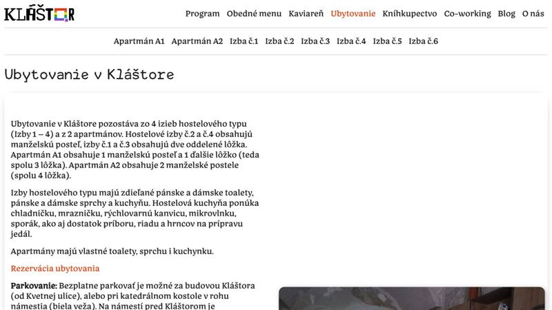 Ubytovanie v Kláštore